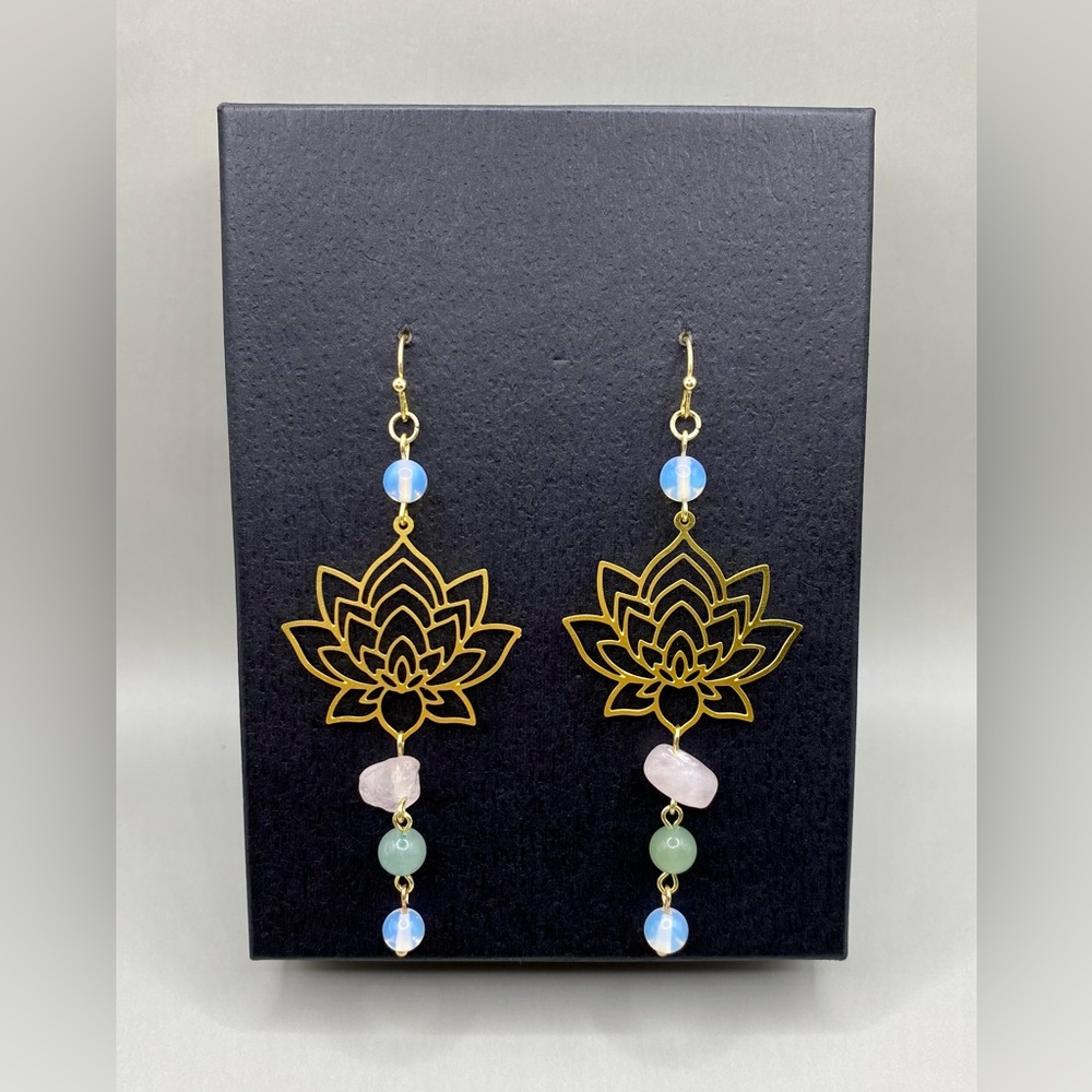 🪷Lotus Flower Rose Quartz Mint Quartz Opalite Earrings